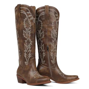 Imagem de femflame Botas femininas caubói pretas na altura do joelho com bico fino, salto grosso, zíper, bordado, cowgirl, bico largo, botas ocidentais de couro, Marrom, 35