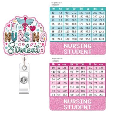 Imagem de Carretel e amigo de crachá de estudante de enfermagem, suporte de identificação retrátil rosa brilhante e crachá Buddy com tabelas de conversão de altura e peso, presentes para estudantes de