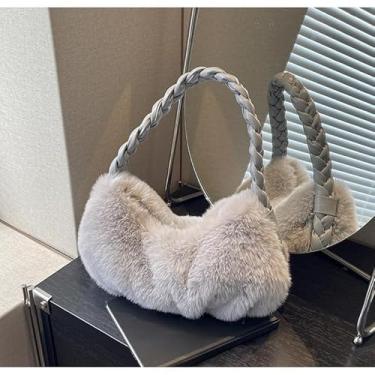 Imagem de Bolsa de ombro de pelúcia, bolsa texturizada nas axilas com material macio, bolsa casual feminina, Cinza, Moderno