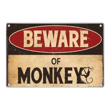 Imagem de Vintage Beware Of Monkey Placa de metal engraçada aviso decoração de parede 30 x 20 cm placa de lata retrô para homem caverna garagem casa bar quintal arte exterior alumínio interior cozinha
