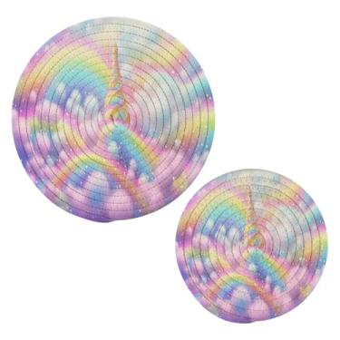 Imagem de Blueangle 2 peças de suporte de panela para sorvete arco-íris - conjunto de pegadores de panela de tecido redondo - almofadas quentes trançadas de algodão - porta-copos - tapetes de mesa para cozinhar