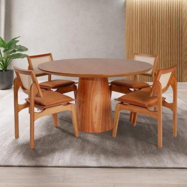 Imagem de Conjunto Mesa com 4 Cadeiras de Madeira Maciça Rattan Natural e Estofa
