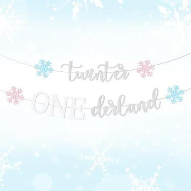 Imagem de Twinter Banner ONEderland, decorações de festa de primeiro aniversário de inverno gêmeos tema floco de neve decoração de festa de primeiro aniversário rosa azul inverno menino menina ONEderland