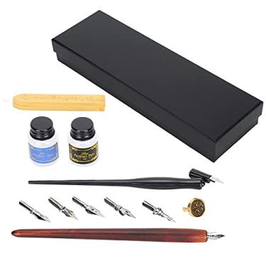 Imagem de Calligraphy Pen Set Wood Handle Students Ink Writing Pen Nibs Tool Set for Beginners 5pcs Nibs Wax Seals Stamp English Calligraphy Artistic Painting (Poste de madeira grosso marrom (efeito fogo) +
