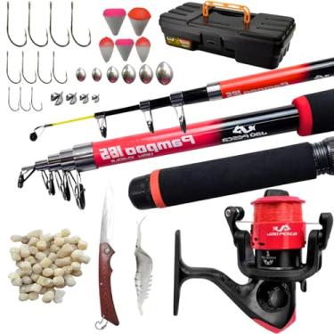 Imagem de Jau Pesca Kit de Pesca Completo com Vara Telescópica 5 Seções, Molinete 1 Rolamento, Anzóis, Chumbadas, Bóias, Isca Artificial, Canivete, Ração 50g, Capacidade 3,5kg (Vermelho)