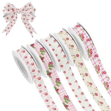 Imagem de SEHANY 5 rolos de fita de Natal 0,59 polegadas 5 jardas fitas de tecido cereja vermelha fitas de cetim festival fitas decorativas de Natal para embrulho de presente faça você mesmo artesanato grinalda