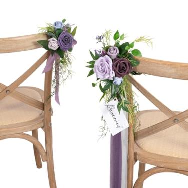 Imagem de Ling's Moment 8 marcadores de cadeira de flores artificiais para corredor de casamento, arranjos com fitas de chiffon, roxo e azul, para cerimônia, recepção floral, casa, igreja, festa rosa, decoração