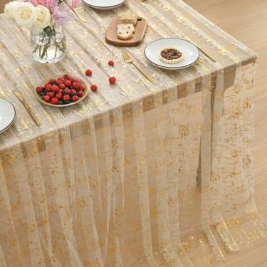 Imagem de Horaldaily Toalha de mesa retangular de gaze dourada bege 152 x 351 cm, folha metálica dourada com glitter, gaze de tule transparente para festa de casamento e chá de bebê
