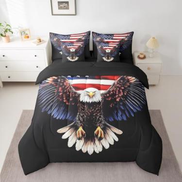 Imagem de Erosebridal Jogo de cama casal Eagle com bandeira americana de 7 peças, para decoração de quarto de crianças, adolescentes e adultos, animais fofos, pássaros, retrô