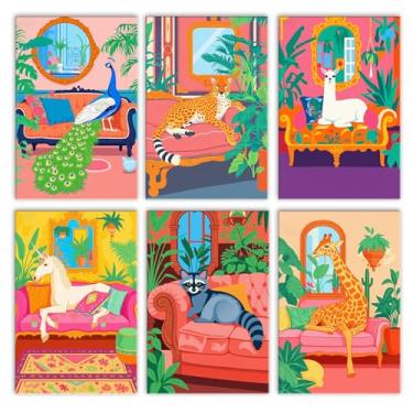 Imagem de Animais sentados no sofá pacote com 6 tintas por números para adultos animais da selva kit de pintura por números em tela para iniciantes, pintura faça você mesmo, decoração de parede para casa, sala