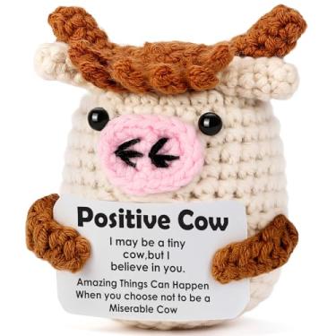 Imagem de Mini presentes engraçados positivos de vaca - presente de apoio emocional para mulheres, homens, colegas de trabalho, amigos - decoração de vaca Highland em crochê feito à mão para Natal, aniversário