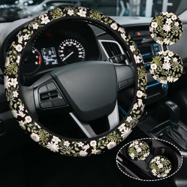 Imagem de Capa de volante floral para mulheres e homens, antiderrapante de neoprene de alta elasticidade, acessórios de carro, capas de volante, universal de 38 cm para carros, SUVS, inclui 2 porta-copos de