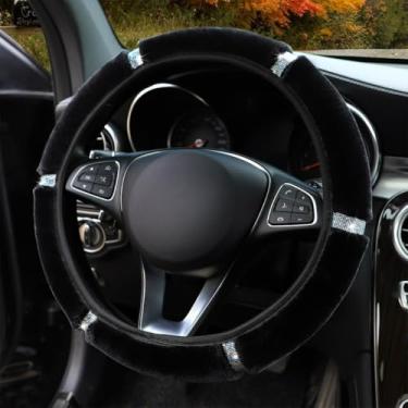 Imagem de Knonip Capa de volante respirável antiderrapante, capa de design de strass fofo de 38 cm, capa de alça de carro confortável e moderna para o inverno (preto)