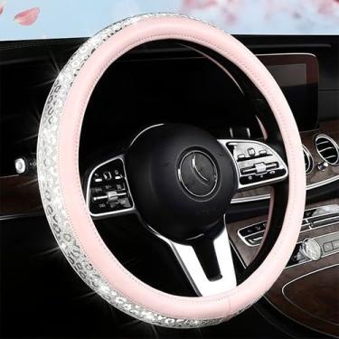 Imagem de Capa de volante de couro rosa e cristal fosco para mulheres, superfície antiderrapante brilhante com borracha antiderrapante, ajuste universal de 36,8 a 38 cm para carro, SUV, van, caminhão