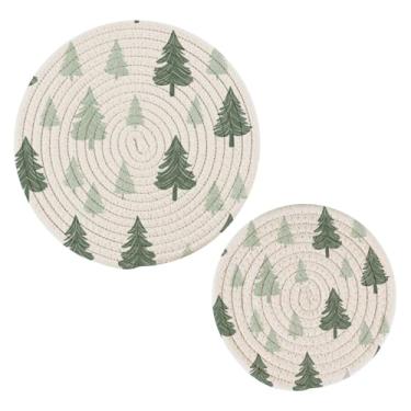 Imagem de Wassud Conjunto de trivet de árvores de Natal verdes para pratos quentes, suportes redondos de algodão, almofadas quentes, porta-copos elegantes, decoração de cozinha e acessórios, 2 peças