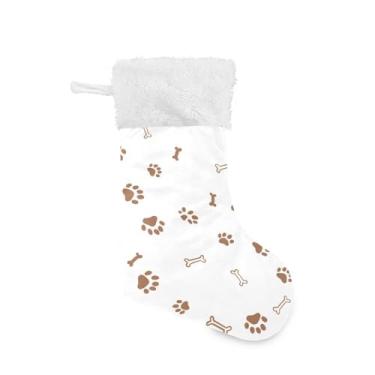 Imagem de Wassud Meia de Natal fofa com punho branco impressões de pata marrom 45,7 cm grande para decoração de lareira e cornija de lareira pacote com 2
