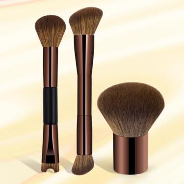 Imagem de 3 pincéis de maquiagem Kabuki, pincéis de maquiagem multifuncionais para blush e sombra, superfície lisa (café escuro)