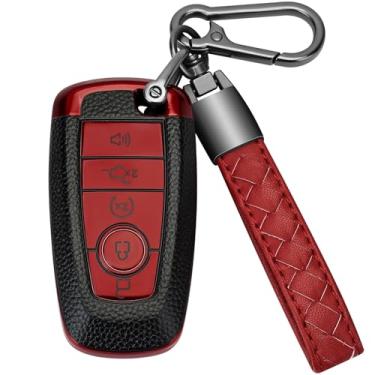 Imagem de TOGAFEY Para Ford Key Fob Cover TPU macio com chaveiro de couro capa de chave proteção total compatível com Ford Explorer Mustang Fusion Escape F150 F250 F350 F450 F550 Edge 5 botões, vermelho