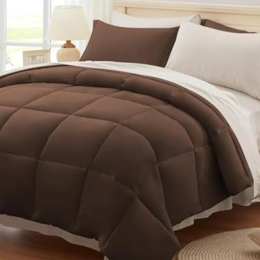 Imagem de Anluoer Jogo de cama de solteiro, marrom e bege em uma bolsa, 5 peças, conjunto de cama leve com enchimento alternativo macio, conjunto de cama inclui edredom, lençol de cima, fronha e fronha