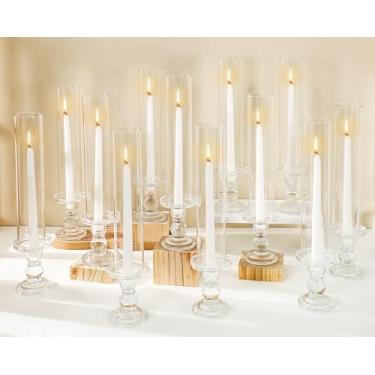 Imagem de JarThenaAMCS 12 conjuntos de castiçais Hurricane tubo cilíndrico de vidro transparente alto e suporte de vela para festa de casamento, aniversário, mesa de jantar, decoração de centro de mesa