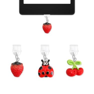 Imagem de 3 peças de berloque de plugue de poeira tipo C, pingente de plugue de poeira Kindle, pingentes de frutas para e-reader, kindles de morango acessórios coloridos macios para leitores, amantes de livros