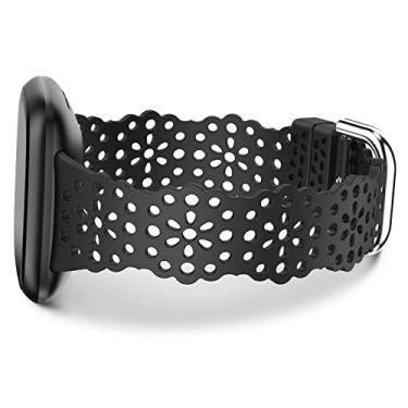 Imagem de Pulseira esportiva feminina compatível com Fitbit Versa 3/Versa 4/Sense 2/Sense de silicone macio, flor fofa, vazada, alça de renda, fina, preta