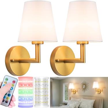 Imagem de Nekhung Conjunto de 2 arandelas de parede operadas por bateria, luz de parede sem fio com lâmpada magnética regulável RGB de 10.000 mAh, arandela de parede recarregável com controle remoto para quarto