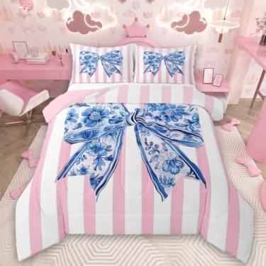 Imagem de Feelyou Coquette Conjunto de cama com laço chinoiserie, macio para meninos e meninas, conjunto de edredom floral azul e branco, solteiro, rosa, edredom moderno, decoração de quarto, estampa de listras