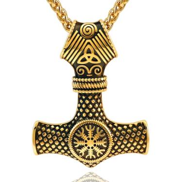 Imagem de Oaldilee Colar de martelo Thor para homens, pingente de martelo de aço inoxidável 18K, ouro, preto, amuleto poderoso, joia Noridc, presente para amantes vikings, caixa de presente, Aço inoxidável, Sem