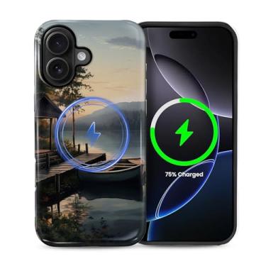 Imagem de FKBRCL4U Capa para iPhone 16, capa híbrida de silicone brilhante de 2 camadas para MagSafe para iPhone 16 outono lago barco acampamento padrão