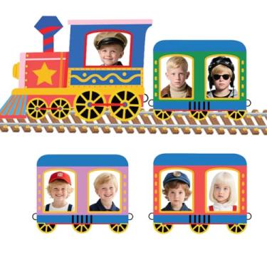 Imagem de WADORN Suporte para foto em forma de trem, moldura de selfie, banner de festa, tecido grande, 358 x 102 cm, pano de fundo colorido, decoração de trem, suprimentos de pendurar para Chugga Chugga, duas
