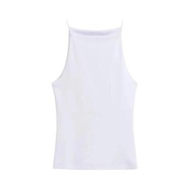 Imagem de Regata feminina halter sem mangas alças finas cor sólida camisola moda
