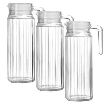 Imagem de Kit 3 Jarra De Vidro Com Tampa Alça Transparente Suco Agua Bebidas 1L 