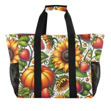 Imagem de ODAWA Bolsa de compras leve e resistente à água para homens, bolsa de praia de lona de grande capacidade, abóboras, girassóis, morangos, Abóboras, girassóis, morangos, One Size