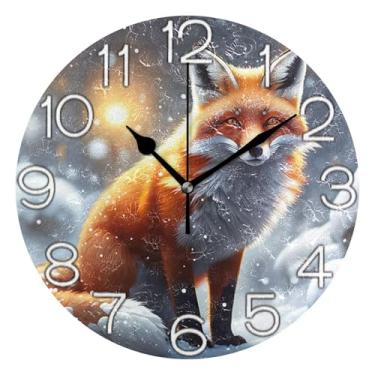 Imagem de GAIGEO Linda raposa inverno neve decorativo relógio de parede analógico relógio de cozinha bonito funky alimentado por bateria, decoração de parede retrô moderna art deco, 25 cm, ponteiros pretos