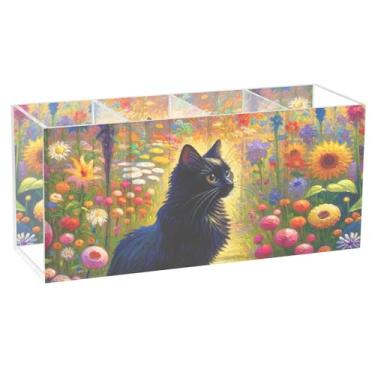 Imagem de TSENQUE Lindo porta-canetas de mesa, arte, flores, preto, gato, acrílico, lápis, organizador de artigos de papelaria, organizador de arte personalizado e estético