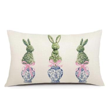 Imagem de MIGEEN Capas de almofada de madeira serrada Coelhinho da Páscoa Primavera 30 x 50 cm Coelhos Floral Azul Verde Decorações para Sofá Cama Casa Jardim Pátio Decoração de Páscoa