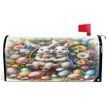 Imagem de Capas de caixa de correio magnéticas sazonais coelho da Páscoa branco colorido primavera vinil caixa de correio caixa de correio moderna decoração de jardim tamanho padrão 52,6 x 45,8 cm
