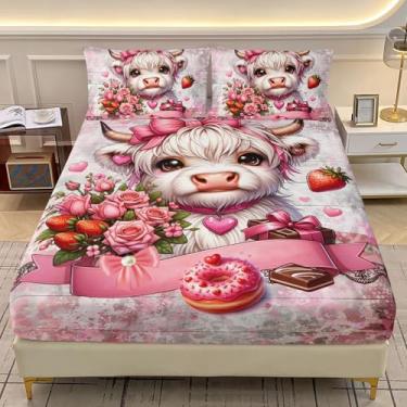 Imagem de AILONEN Jogo de lençol solteiro com desenho animado de gado, vaca fofa rosa para crianças, meninas, donut de morango + 2 fronhas, 3 peças