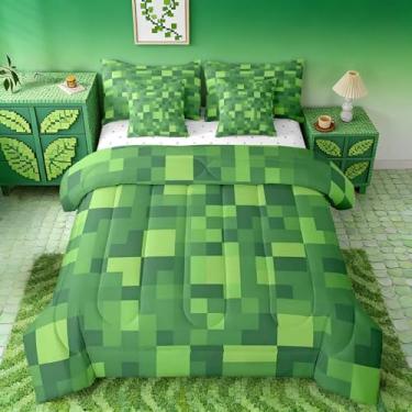 Imagem de Feelyou Conjunto de edredom completo com tema de pixel, para crianças, meninos, meninas, geométrico, quadrado, 7 peças, decoração de quarto em um saco, decoração de quarto verde macio e leve de