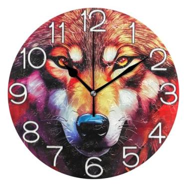 Imagem de GAIGEO Lobo vermelho colorido relógio de parede analógico decorativo escritório cozinha relógio operado por bateria silencioso, decoração de parede moderna sala de estar, 25 cm, ponteiros pretos