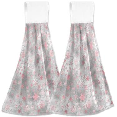 Imagem de TSENQUE Toalha de mão pendurada em floco de neve de Natal rosa prata para cozinha absorvente conjunto de 2 toalhas de forno macias, decoração de cozinha moderna personalizada 47 x 35 cm