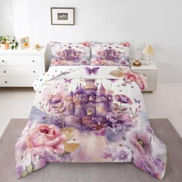 Imagem de jejeloiu Conjunto de edredom de princesa para todas as estações, castelo roxo, com 2 fronhas, microfibra fofa, roupa de cama kawaii, para decoração de quarto, roxo, respirável, macio e leve