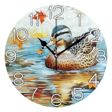 Imagem de GAIGEO Relógio de parede decorativo analógico relógio de cozinha rústico operado por bateria silencioso, arte de parede moderna legal decoração de casa, pato aquarela, água de outono, 25 cm, ponteiros