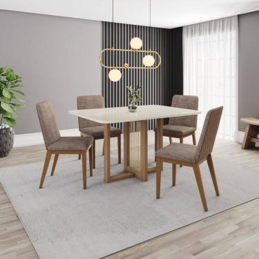 Imagem de Conjunto Sala Jantar Mesa Natalí 120cm Canto Arredondado com Vidro 4 Cadeiras Pietra Marrom/Off White/ Caramelo/ Cacao