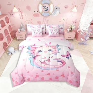 Imagem de Lindo conjunto de cama solteiro com axolote rosa, 7 peças, borboletas voadoras, pétalas de flores e corações de amor, inclui edredom, conjunto de lençóis, fronhas e fronhas, decoração de quarto da