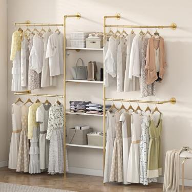 Imagem de DABILONGC Suporte industrial para roupas, cabide ajustável resistente com prateleiras, 2 métodos de instalação, sistema de armazenamento de armário para organização de guarda-roupa (ouro)