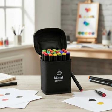 Imagem de Kit 24 Canetas Marcador Permanente Ponta Dupla Touch Coloridas para Desenho Profissional Escolar Infantil com Estojo Organizador Base Artista Canetinhas Hidrográficas Alcool Caneta para Colorir