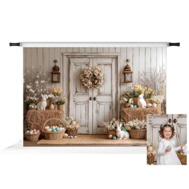 Imagem de Kate Pano de fundo de coelhinho da Páscoa para fotografia com ovos coloridos e porta de madeira, adereços para fotos 2,1 x 1,5 m