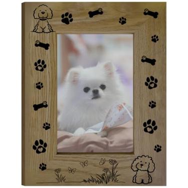 Imagem de CREATCABIN Porta-retrato de cachorro com moldura de madeira memorial para fotos verticais de 10 x 15 cm, conjunto de decoração de mesa de madeira natural para pendurar na parede, decoração de mesa de